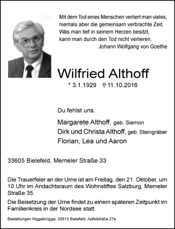Traueranzeige von Wilfried Althoff von Neue Westfälische