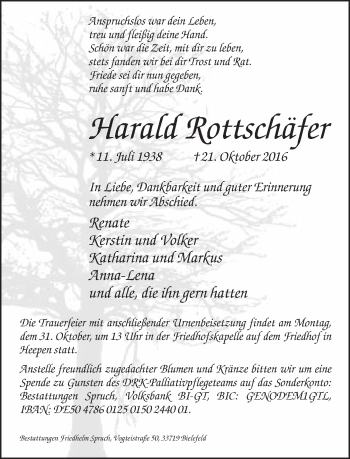 Traueranzeige von Harald Rottschäfer von Neue Westfälische