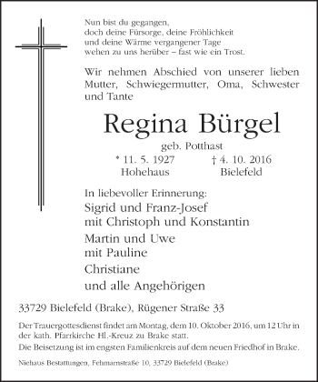 Traueranzeige von Regina Bürgel von Neue Westfälische