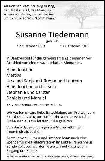Traueranzeige von Susanne Tiedemann von Neue Westfälische