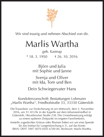 Traueranzeige von Marlis Wartha von Neue Westfälische