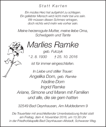 Traueranzeige von Marlies Ramke von Neue Westfälische