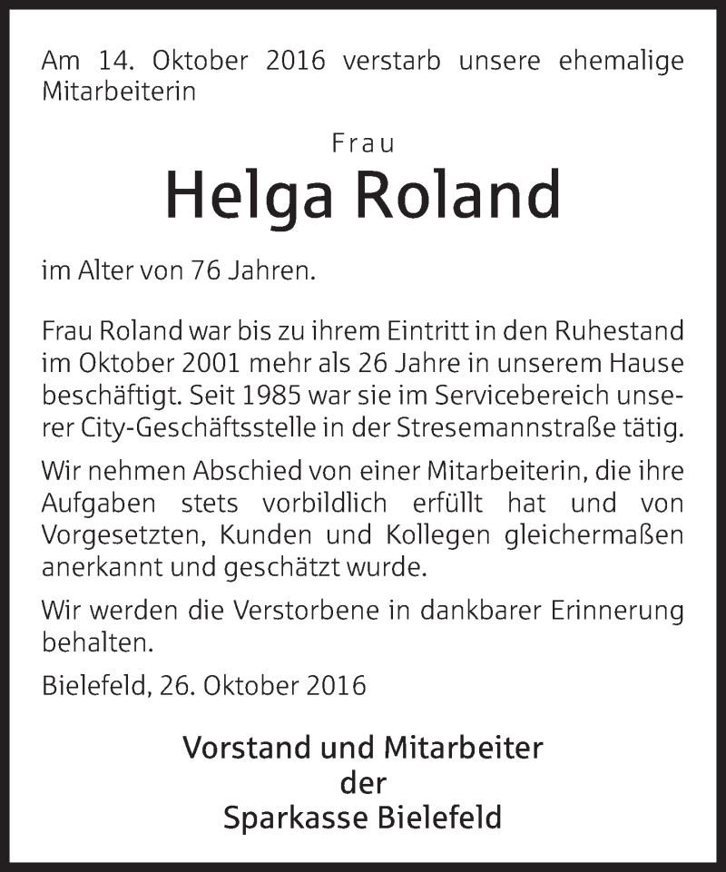  Traueranzeige für Helga Roland vom 28.10.2016 aus Neue Westfälische