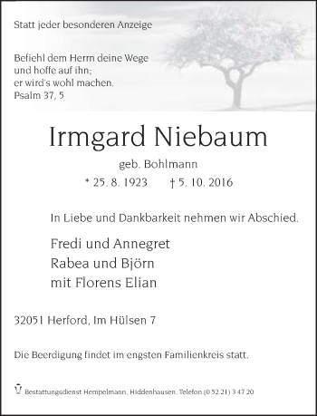 Traueranzeige von Irmgard Niebaum von Neue Westfälische