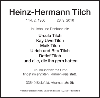 Traueranzeige von Heinz-Hermann Tilch von Neue Westfälische