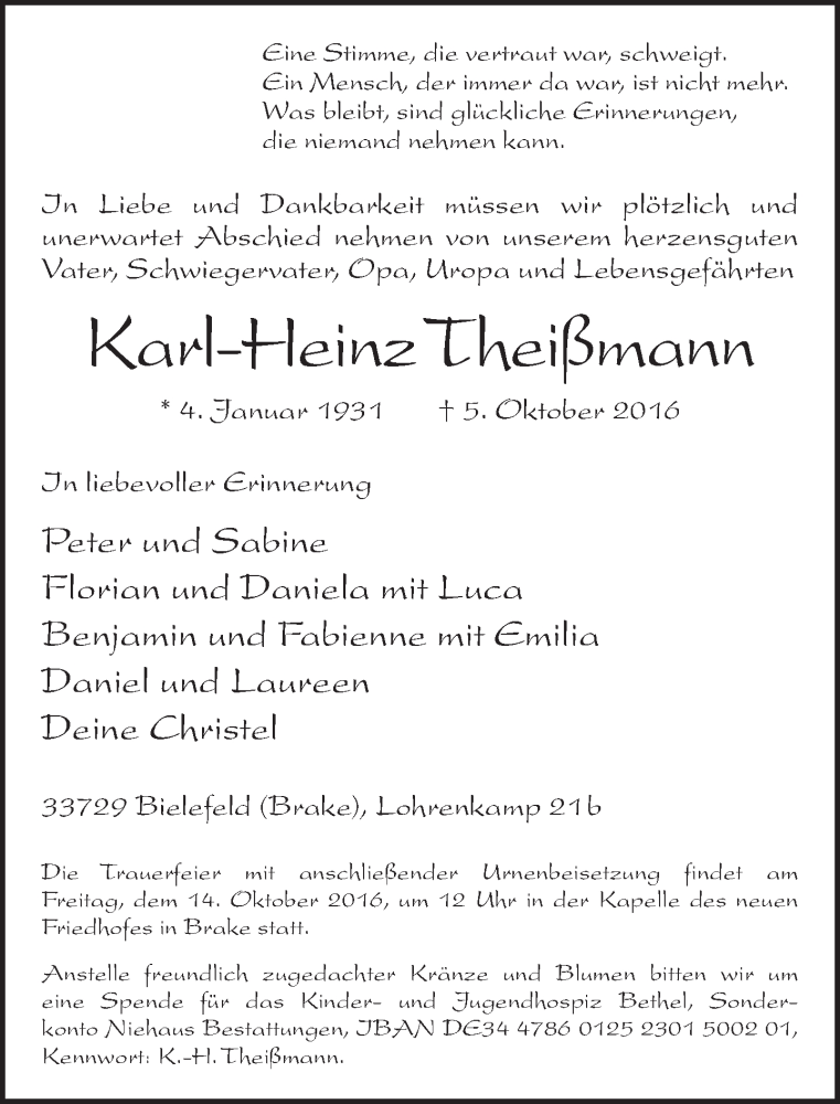  Traueranzeige für Karl-Heinz Theißmann vom 08.10.2016 aus Neue Westfälische