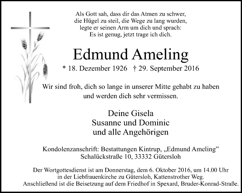  Traueranzeige für Edmund Ameling vom 01.10.2016 aus Neue Westfälische