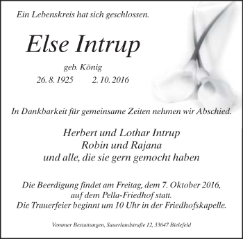 Traueranzeige von Else Intrup von Neue Westfälische