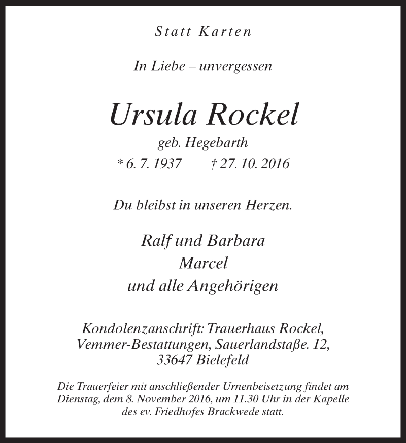  Traueranzeige für Ursula Rockel vom 29.10.2016 aus Neue Westfälische