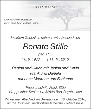 Traueranzeige von Renate Stille von Neue Westfälische