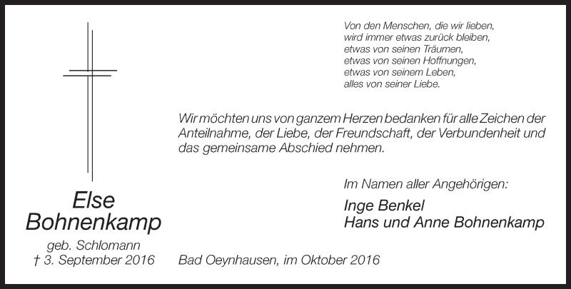  Traueranzeige für Inge Benkel vom 15.10.2016 aus Neue Westfälische