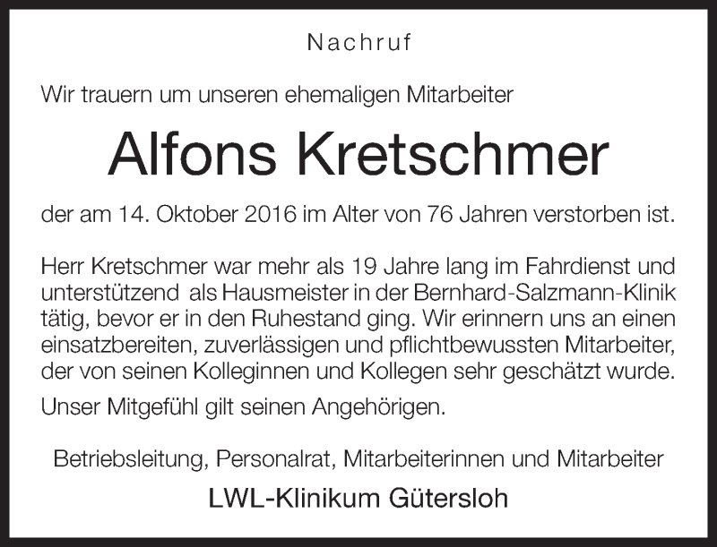  Traueranzeige für Alfons Kretschmer vom 20.10.2016 aus Neue Westfälische