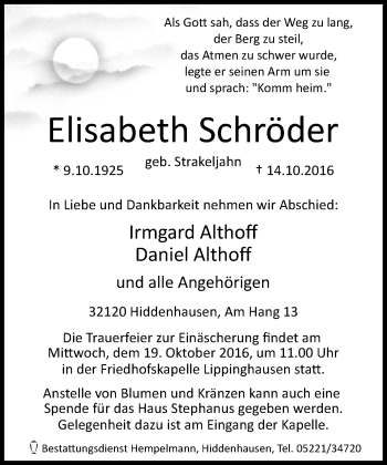 Traueranzeige von Elisabeth Schröder von Neue Westfälische