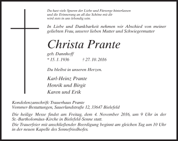 Traueranzeige von Christa Prante von Neue Westfälische