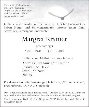 Traueranzeige von Margret Kramer von Neue Westfälische