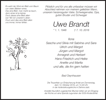 Traueranzeige von Uwe Brandt von Neue Westfälische