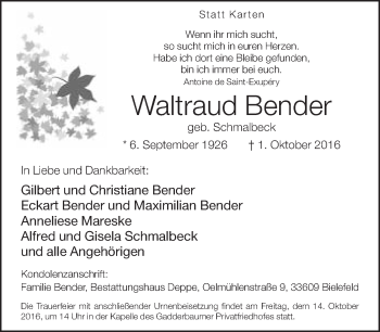 Traueranzeige von Waltraud Bender von Neue Westfälische
