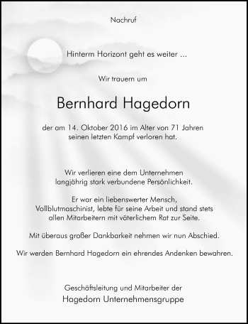 Traueranzeige von Bernhard Hagedorn von Neue Westfälische