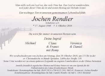 Traueranzeige von Jochen Rendler von Neue Westfälische