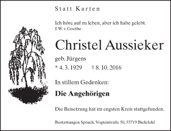Traueranzeige von Christel Aussieker von Neue Westfälische