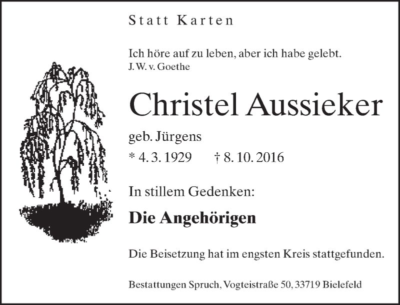  Traueranzeige für Christel Aussieker vom 29.10.2016 aus Neue Westfälische