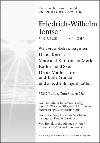 Traueranzeige von Friedrich-Wilhelm Jentsch von Neue Westfälische