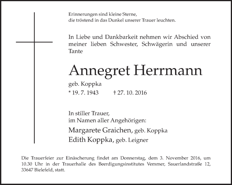  Traueranzeige für Annegret Herrmann vom 29.10.2016 aus Neue Westfälische