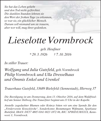 Traueranzeige von Lieselotte Vormbrock von Neue Westfälische