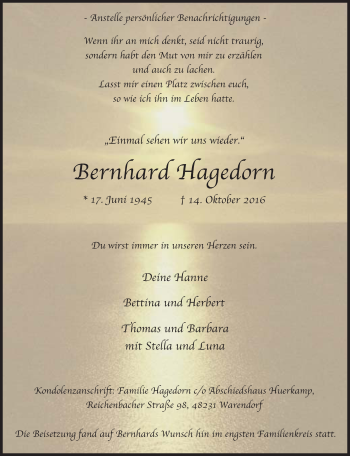 Traueranzeige von Bernhard Hagedorn von Neue Westfälische