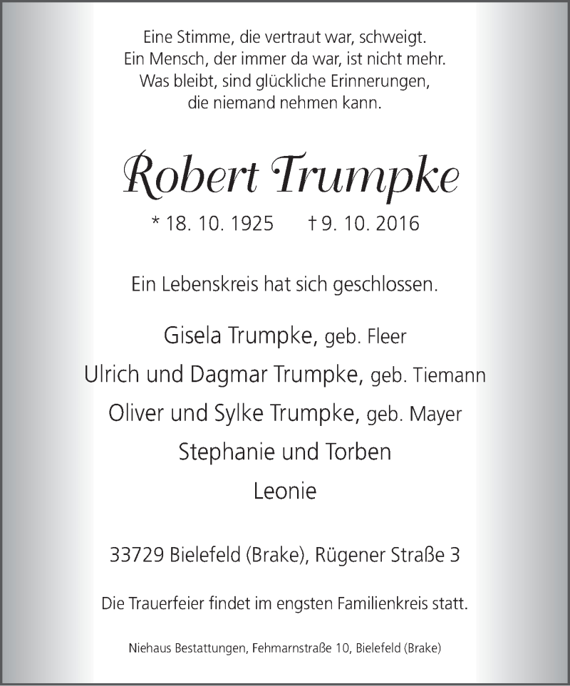  Traueranzeige für Robert Trumpke vom 15.10.2016 aus Neue Westfälische
