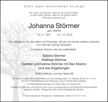 Traueranzeige von Johanna Störmer von Neue Westfälische