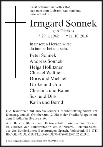 Traueranzeige von Irmgard Sonnek von Neue Westfälische