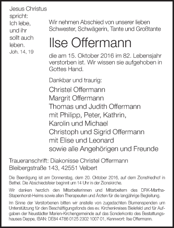 Traueranzeige von Ilse Offermann von Neue Westfälische