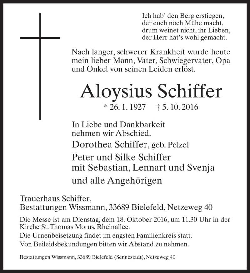  Traueranzeige für Aloysius Schiffer vom 08.10.2016 aus Neue Westfälische
