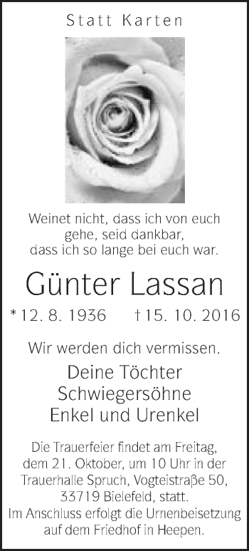 Traueranzeige von Günter Lassan von Neue Westfälische