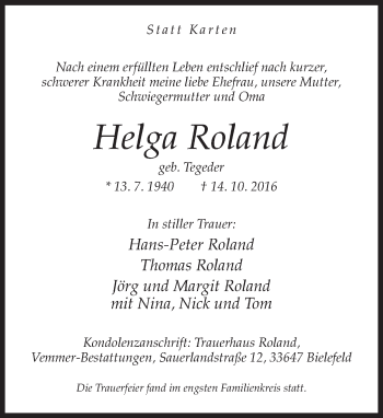 Traueranzeige von Helga Roland von Neue Westfälische