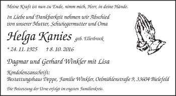 Traueranzeige von Helga Kanies von Neue Westfälische