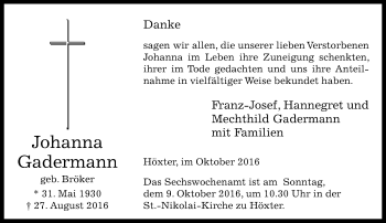 Traueranzeige von Johanna Gadermann von Neue Westfälische