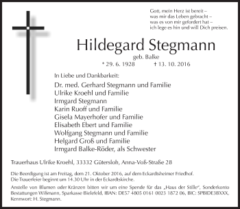 Traueranzeige von Hildegard Stegmann von Neue Westfälische