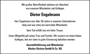 Traueranzeige von Dieter Engelmann von Neue Westfälische