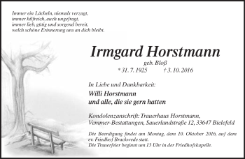 Traueranzeige von Irmgard Horstmann von Neue Westfälische