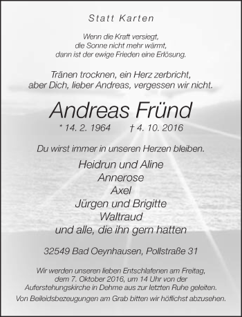 Traueranzeige von Andreas Fründ von Neue Westfälische