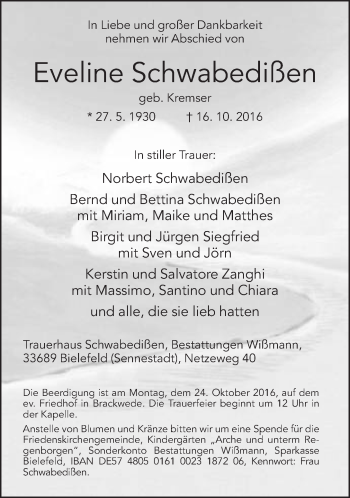 Traueranzeige von Eveline Schwabedissen von Neue Westfälische