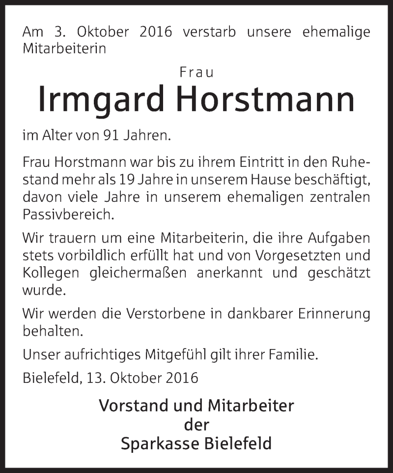  Traueranzeige für Irmgard Horstmann vom 14.10.2016 aus Neue Westfälische