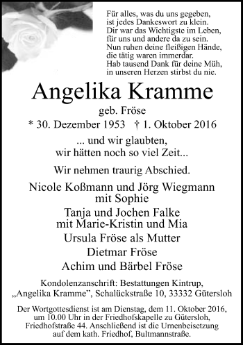 Traueranzeige von Angelika Kramme von Neue Westfälische