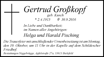 Traueranzeige von Gertrud Großkopf von Neue Westfälische