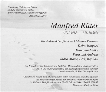 Traueranzeige von Manfred Rüter von Neue Westfälische
