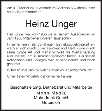 Traueranzeige von Heinz Unger von Neue Westfälische