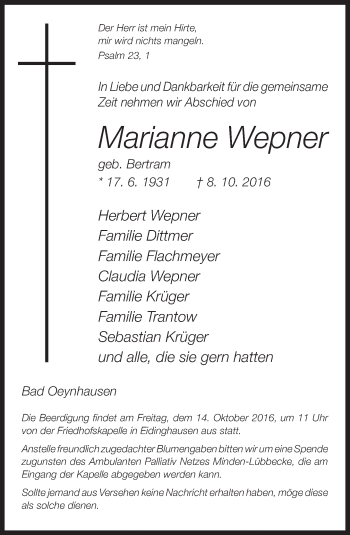Traueranzeige von Marianne Wepner von Neue Westfälische