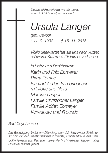 Traueranzeige von Ursula Langer von Neue Westfälische